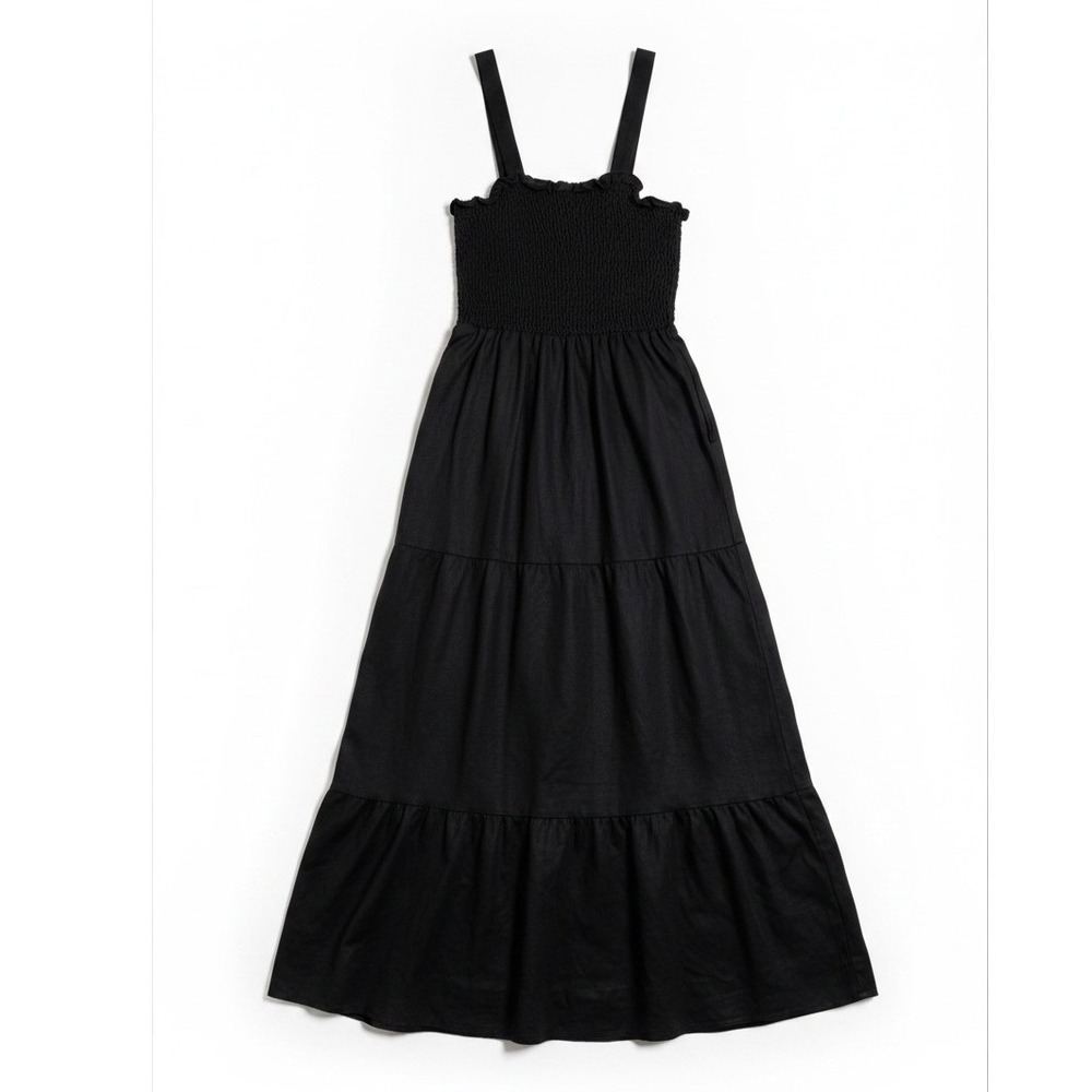 VETTA Black Linen Tencel Smocked Tiered Maxi Sundress Size Medium